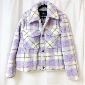 7 For All Mankind Purple & White Plaid Sherpa Fuzzy Cropped Jacket Medium